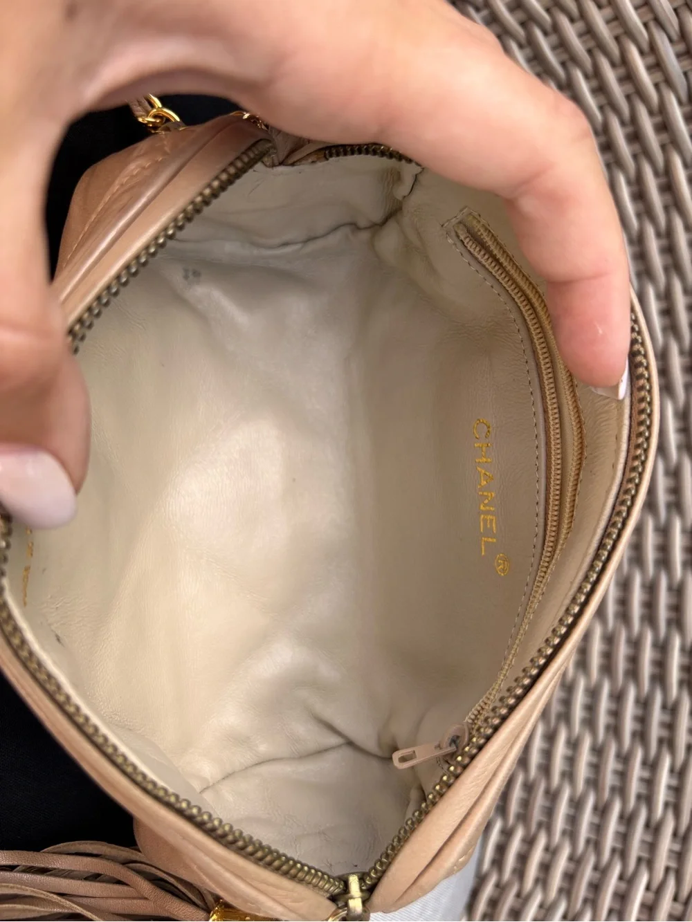 Authentic CHANEL 1988 vintage 24k gold lambskin tassel camera case